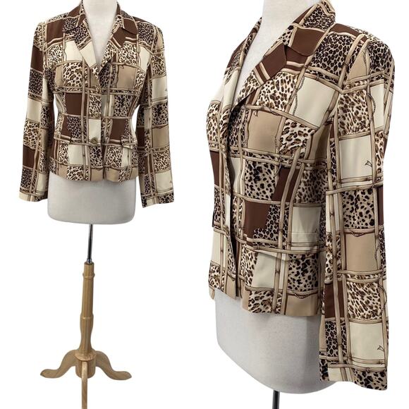 Vintage 90s Mixed Animal Print Silk Blazer Jacket Button Down Beige Womens 8 - Picture 1 of 10